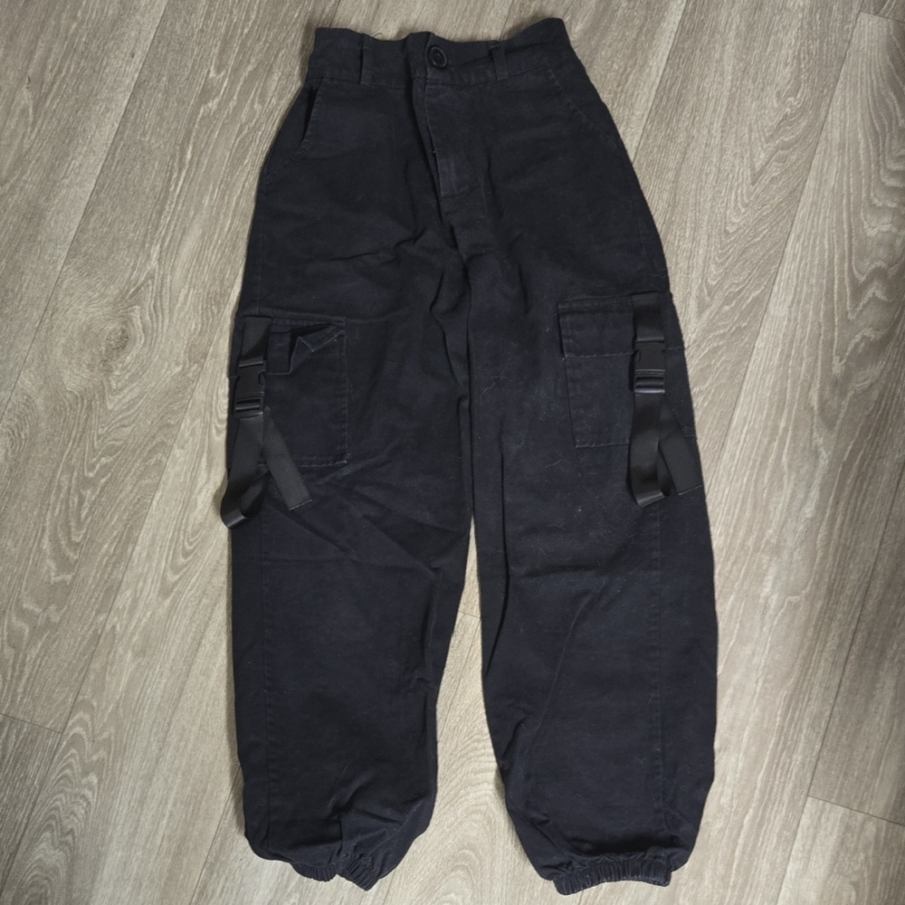 Trendy Black Cargo Pants with Strap Details
